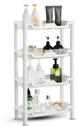 Qualiware 4 Tier Corner Shower Caddy Organiser Standing Shelf Rack Rustproof Corner Shelves for Bathroom Storage, Bath Accessories, Shower Pan, Narrow Places, 40 x 20 x 69.5 Centimeter, White