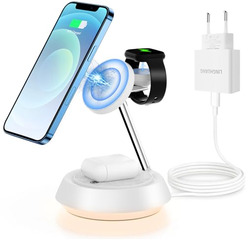 Wireless Charger for Apple Devices,3 in 1 Wireless Charging Station,15W Fast Mag-Safe Charger Stand【With Night Light】 for iPhone 15 14 13 12 Pro Max Mini Plus,for Apple Watch for AirPods(White)