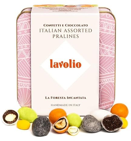 Lavolio La Foresta Incantata 150g – Assorted Nut Pralines Gift box with Almond, Hazelnut, Pistachio, Gianduia & White Chocolate – Presented in a Keepsake Metal Box