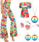 70s Costume Hippie Donna, Costume Carnevale Donna, Vestito Carnevale Costumi Halloween Adulto, 60s Disco Travestimenti Festa Accessori Set Pantaloni Collana Orecchini Occhiali Sciarpa (L, B)