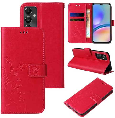 LBH Handy Hülle für Samsung Galaxy A05s Case Handytasche Schmetterling Blumen Flower Standfunktion Schutzhülle Magnet Rundum Schutz 360 Grad Flipcase Cover Rot
