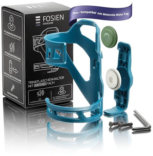 FOSIEN® Silent Track Cage - AirTag Fahrrad Getränkehalter seitlich mit stummer AirTag Integration. Flaschenhalter Fahrrad - Polarweiß (Deep Forest Blau Anti-Diebstahl Schrauben)