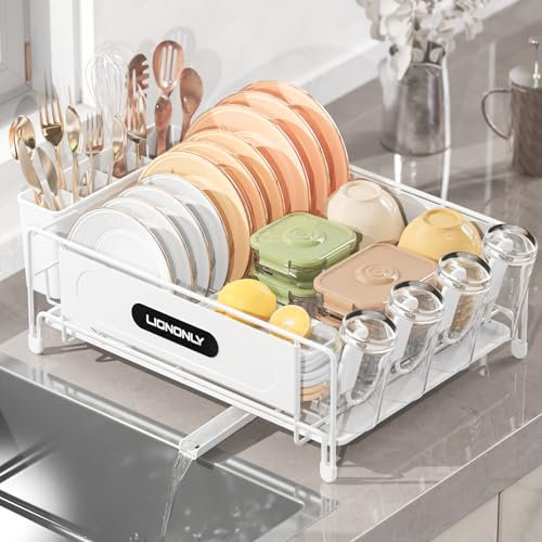 LIONONLY Dish Drainer Rack with Drip Tray,Premium 304 Stainless Steel Dish Drying Rack for Kitchen,Anti-Rust Draining Board Rack with Cup Holder,Swivel Spout & Utensil Holder,Sink Drainer Rack (White)