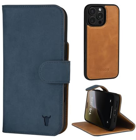 TORRO Nubuck Leather Case Compatible with iPhone 16 Pro Max – Leather Bumper Case with Magnetically Detachable Wallet Cover with Kickstand (Compatible with Official MagSafe Chargers) - Nubuck Blue