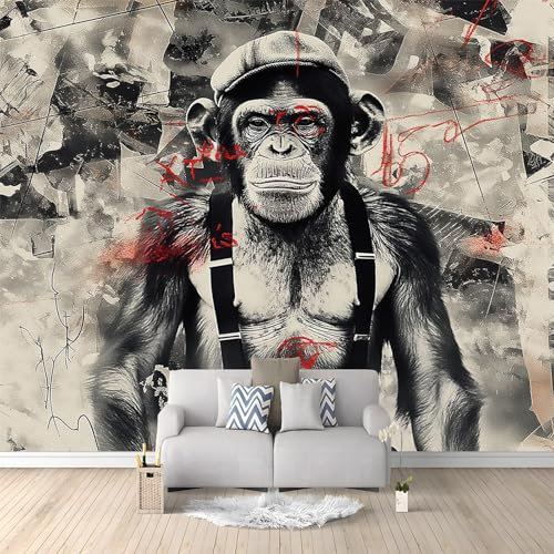 Papier peint intissé Gorille Graffiti Rétro Papier Peint Panoramique 400 x 280 cm Papier Peints murale pour Salon Chambre Décoration Gris Poster Peinture murale imprimée