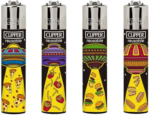 Clipper Feuerzeuge, Set mit 4 Stück, außergewöhnliche Motive (Hungry UFO)