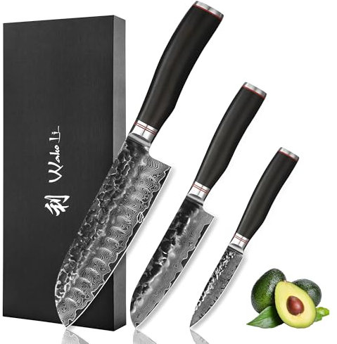 Wakoli Ebo 3er Damastmesser Set mit 9-18cm Klingen mit Hammerschlag gefertigt aus 67 Lagen echtem Damaststahl mit schwarzem Eichenholzgriff I Premium Damast Küchenmesserset