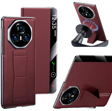 qichenlu Echtleder Intelligentes View Window Case für Honor Magic V3,【Kabelloses Laden mit Magnettechnik,Fingerhalter,Ständer】 Luxus Rindsleder Handytasche Magnetische Hülle - Rot