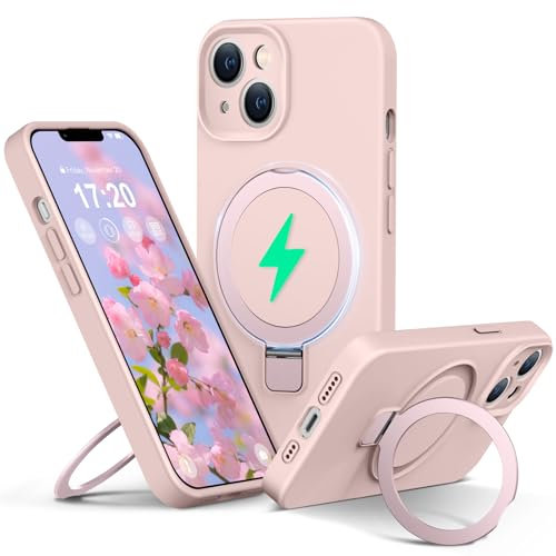 PuyaTeya Liquid Silicone Hülle für iPhone 13 mit Magnetisch Ring Ständer, Upgraded Kameraschutz Mil-Grade Drop Shockproof Weiche Anti-Scratch Microfiber Lining Silikonhülle für iPhone 13(Rosa)