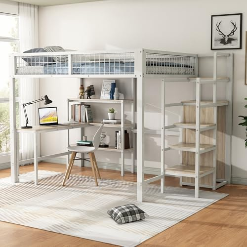 Lexiou Hochbett, 140x200 cm, Eisenbett, Ablageleiter, mehrere Regale, Ohne Matratze, Einbauschrank, Schreibtisch, (Weiß)