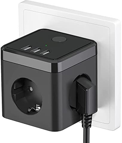 Steckdose mit Schalter, Steckdosenadapter 6 in 1 Doppelstecker für Steckdose mit 3 USB - Schwarz