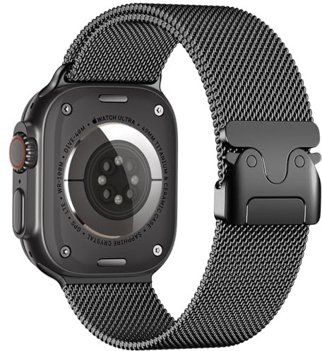 Faliogo Compatible with Apple Watch Ultra 2/Ultra 49mm, Stainless Steel Mesh Strap with Parachute-style Buckle for Apple Watch Series 10 46mm, 9/8/7 45mm, SE2/SE/6/5/4 44mm, Series 3/2/1 42mm, Black