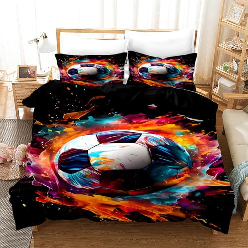 KAIDAARTLH Set de Linge de lit Football 135x200cm, Motif Football Imprimer Housse de Couette en Microfibre, avec Fermeture éclair et 2 taies d'oreiller 50X75cm(B, 135x200cm)