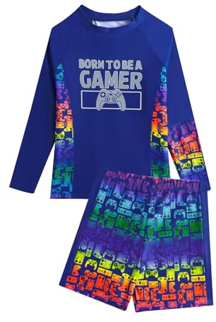 JiAmy Traje De Baño Infantil Verano, Camisa De Manga Larga Estampado Degradé Consola De Juegos, Shorts, Protección UV, Talla 8-14 Años
