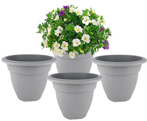 Shop4allsorts 4 x Grey 20cm small round bell plant pot - plastic plant pot - small indoor and outdoor garden planter - traditional bell shape pot - herb and flower planter.