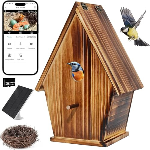 Smart Bird House with Camera Solar Powered,1080P Camera for Outside with Night Vision, Auto Capture Bird Videos & Motion Detection, 2.4G WiFi App to Observe animal Activities
