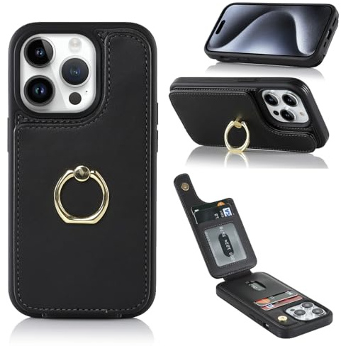 Cavor Phone Case compatible with iPhone 15 Pro Max Case With Card Holder,Flip Leather Wallet Case,Buckle Metal Ring Shockproof Cover Case compatible with iPhone 15 Pro Max - Black