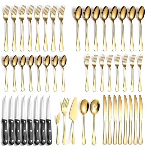 OWOHYG Set di Posate in Argento, Set di Posate in Acciaio Inossidabile da 53 Pezzi, Coltello Nero, forchetta, Cucchiaio, Posate per Servizio da tavola (Oro)