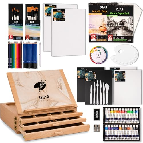 DJAR Kit Peinture Acrylique 87 Pièces avec Chevalet de Table à 3 Tiroirs, Set Artistique Complet avec 24 Couleurs, Toiles et Carnet de Croquis