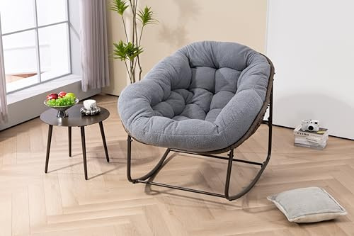 Zepneiy Lounge-Sessel mit gepolstertem Kissen, Gartenstuhl für den Außenbereich, für Terrasse und Garten, Schaukelstuhl aus Rattan, Grau