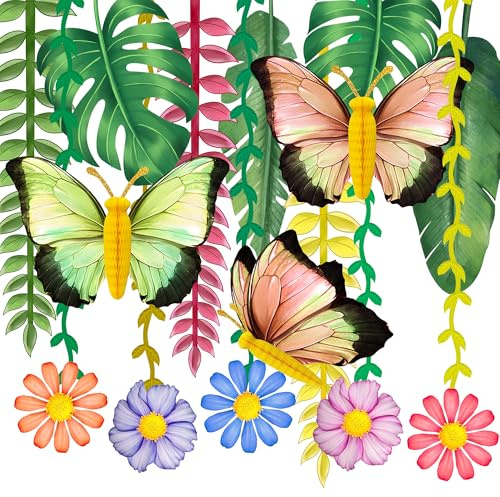 YBwanli schmetterling gartenparty, jungle dschungel deko,hawaii sommer party deko,tischdeko outdoor,Wiederverwendbare Pflanzen-Insekten-Ornamente aus Papier