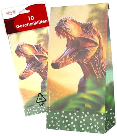 Party Factory Geschenktüten Dino Realistisch, 10 Stück, Papiertüten für Kindergeburtstag, Mitgebsel Tüten für Süßigkeiten und kleine Geschenke