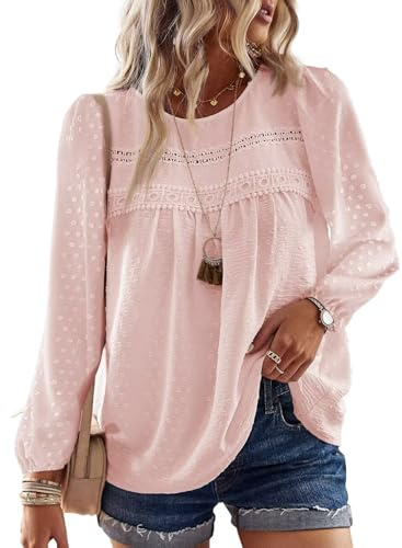 TUUHAW Chemise Femme Chic et Élégant Automne Grande Taille Manches Longues Bohème Top Col Rond Dentelle Décontracté Haut T-Shirts Fluide à Point Suisse Tunique Rose Pâle XXL