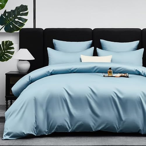 Gezu Housse de Couette Satin de Coton 200x200cm Bleu Clair 100%Coton Satin Parure de Lit Doux Soyeux Respirant Lyocell Soie Linge de Lit 1 Personne avec Fermeture Éclair et 2 Taies d'oreiller 65x65cm