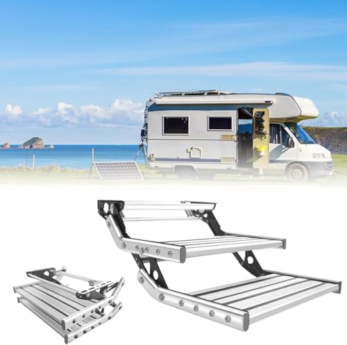 Wohnmobil-Treppe, Wohnmobil Trittstufe, Wohnmobil Trittstufen Klappbar, Solide Stufe, Rutschfeste Pedale, 12 V Beleuchtungsspannung, Reisemobil, Wohnmobil, Reiseanhänger Double-layermanual(withlight)