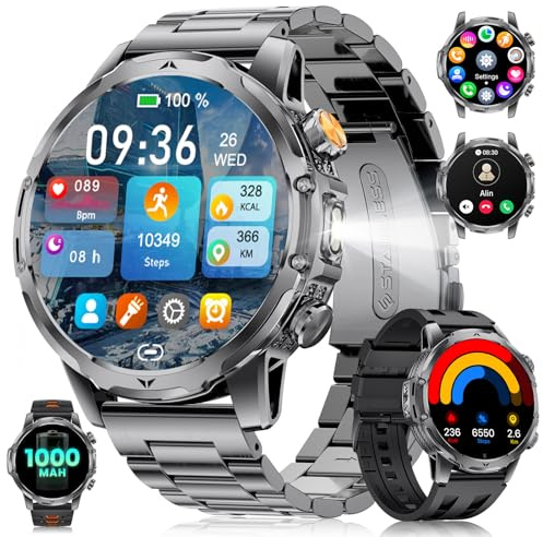 Smartwatch Herren mit 1000mAh Akku für Android iOS, 1,53 HD Großes Touchscreen Militär Smart Watch mit 24H Herzfrequenz/110 Sportmodi, IP68 Wasserdicht Taschenlampe Fitnessuhr, Schwarz-Orange