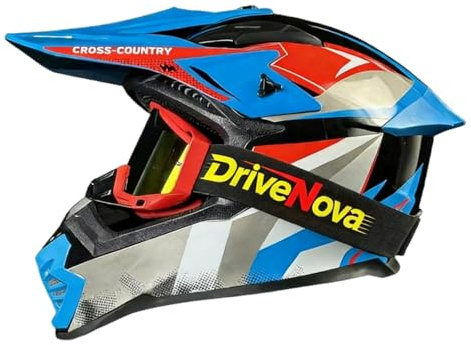 DriveNova Casque Intégral pour Motocross et VTT, Casque Cross pour Adultes avec Lunettes, Casque Full Face Moto Downhill, Casque ATV Incluant 3 Garnitures de Différentes Tailles (Bleu)