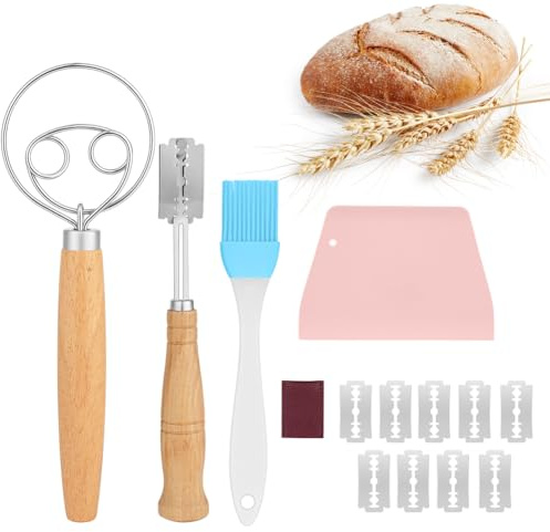 OSDUE Cuchilla Panadero, 4 Piezas Batidor Danés, Cuchilla Panadero Greñar Pan con 10 Hojas & Funda Protectora, Espátula para Masa y Cepillo Hornear, Ideal para Baguettes Masa Pan Casero y Repostería