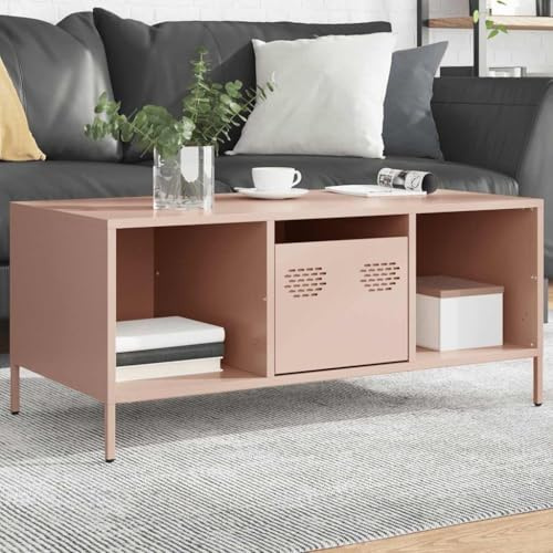 HFXHIJXQ Table basse rose 101,5 x 50 x 43,5 cm, acier, 2 compartiments et tiroir, pieds réglables, style industriel