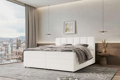 99rooms Bergamo Boxspringbett 160x200 Weiß Topper 3,5 cm | Webstoff Malmo_New, BFK-Matratze