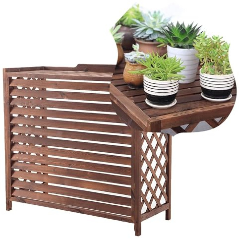 Outdoor Air Conditioner Cover with Wooden Rack and Privacy Screen, Breathable Heat Dissipation Protective Shell Blinds, Weatherproof and Durable Design