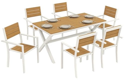Outsunny Gartenmöbel Set Sitzgruppe 7-teilig Tisch mit 6 stapelbare Stühlen Holzoptik Aluminiumrahmen Lamellsitz, Platzsparend Essgruppe wetterfest Gartengarnitur Gartenset für Garten Terrasse Teak