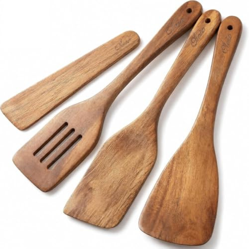 Oleio 4-teiliges Küchenhelfer Set aus Akazienholz für beschichtete Pfannen | Pfannenwender, Holzspatel, Schlitzwender und Schaber mit glatten Kanten zum Wenden, Rühren, Heben und Schaben