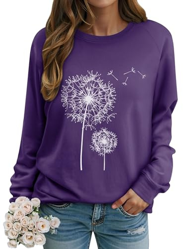 Dresswel Damen Löwenzahn Sweatshirt Langarmshirt Pusteblume Drucken Pullover Herbst Winter Bluse Tops Oberteile(Lila, L)