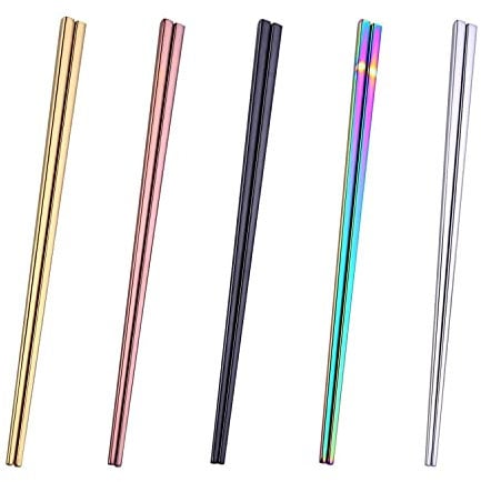 Dtdepth Stainless Steel Chopsticks - 5 Pairs Multicolor Reusable Dishwasher Safe Metal Chopstick - Lightweight Non-Slip 304 Stainless Steel Chop Sticks - Easy to Use and Clean (No Color Fading)