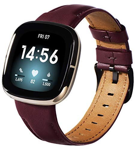 KADES Echtleder-Armband Kompatibel für Fitbit Versa 3 und Sense - für Männer und Frauen - Wein Rot