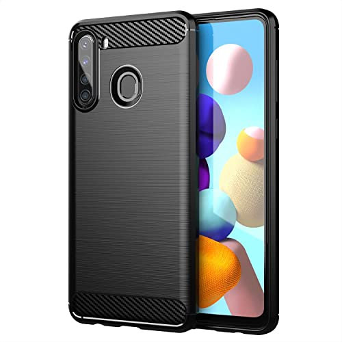 Cadorabo Hülle kompatibel mit Samsung Galaxy A21 Schutzhülle TPU Silikon Case Karbon Optik Slim Kratzfest Weiche Gummi mit Rundumschutz Case Hülle für Galaxy A21 in Schwarz
