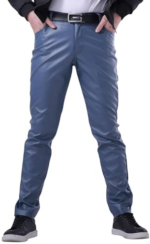 FEOYA Men's Slim Fit Leather Trousers Stretch Elastic Faux PU Pencil Pants Wet Look Straight Leg Trousers for Motocycle Biker Dance Bar Nightclub Stage Show Cosplay Mid Waist Summer Spring Blue 32