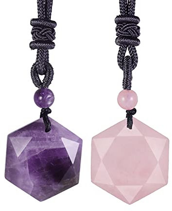 TUMBEELLUWA Natural Amethyst & Rose Quartz Crystal Necklaces 2pcs Carved Stone Pendants Amulet Set with Adjustable Cord for Men and Women, Amethyst & Rose Quartz Stone, amethyst & rose quartz stone