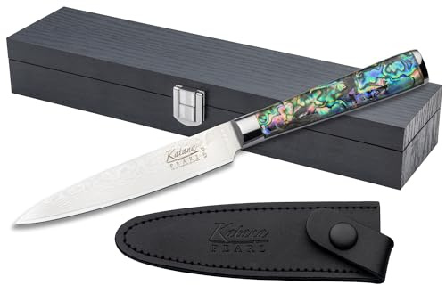 Katana Saya Coltello multiuso Pearl 12 cm - Acciaio Damasco VG-10 ad alto tenore di carbonio per estrema resistenza e affilatura - Manico in acrilico con motivo Abalone