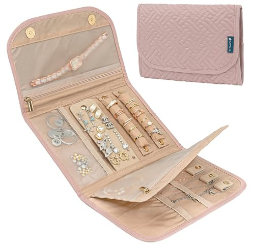 PAVILIA Travel Jewelry Case Organizer Roll Bag for Accessories, Quilt Pink