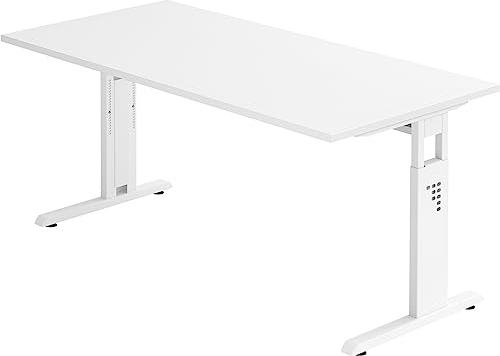 bümö höhenverstellbarer Schreibtisch O-Serie 160x80 cm in weiß, Gestell in weiß - PC Tisch für's Büro manuell höhenverstellbar, Computertisch verstellbar
