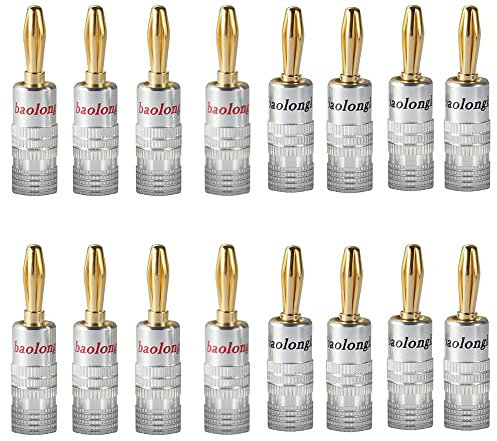 baolongking Banana Plugs, Gold Plated 4mm Speaker Connectors for Speaker Wire, Sockets, Amplifier, Dual-Screw Type in Red & Black (8 Pairs/16 PCS)
