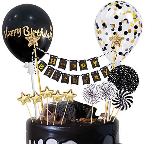 VReder Black Happy Birthday Cake Decorations, Sequin Glitter Cake Topper Set for Boys Girls Birthday Party Decor (Black)