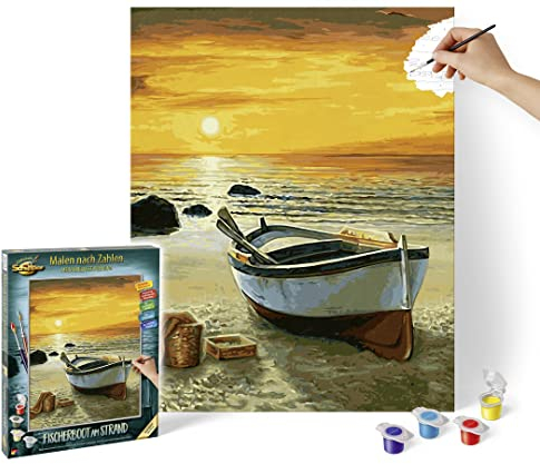 Schipper 609130885 Malen nach Zahlen – Fischerboot am Strand - Bilder malen für Erwachsene, inklusive Pinsel und Acrylfarben, 40 x 50 cm
