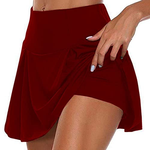 Jupe Short Femme Ete Casual Sport Tennis Plissée Jupe Running Yoga Chic et Elegant Couleur Uni Taille Haute Mode Marque Plage Short Court Fluide Doux Leger Pas Cher Mini Jupe Courte Sexy Vin L
